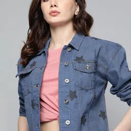 Kook N Keech Women Blue Black Pure Cotton Geometric Denim Jacket-image-37