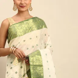 WoodenTant White Woven Design Pure Cotton Taant Saree image 1