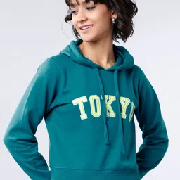 Tokyo Talkies Women Teal Blue Printed Hooded Sweatshirt-image-19