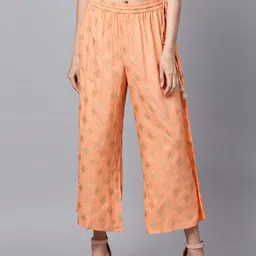 Varanga Women Peach-Coloured & Gold-Coloured Printed Straight Palazzos-image-6