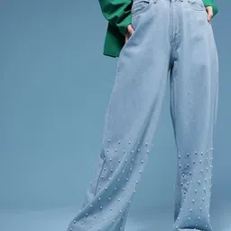 HERE&NOW Women Baggy Mid-Rise Light Fade Embellished Pure Cotton Jeans-picture-25