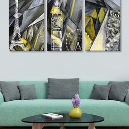999Store Set of 3 Grey & Yellow Eiffel Tower, Big Ben UK, Leaning Tower of Pisa Canvas Painting Wall Art-picture-37