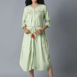 W Women Green Embroidered Fit and Flare Dress-image-67