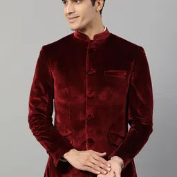 HARSAM Men Maroon Self-Design Bandhgala Blazer-picture-22