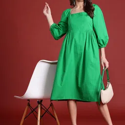 all about you Puff Sleeves Fit & Flare Cotton Dress-image-0