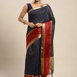 MIMOSA Navy Blue & Red Checked Saree-image-19