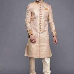 Manyavar Men Peach & Beige Printed Sherwani Set-picture-10