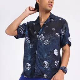 glitchez Galaxy Graphics Print Cuban Collar Oversized Casual Shirt-picture-29