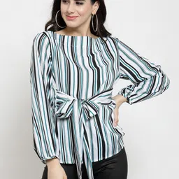 Sera Women White & Blue Striped Cinched Waist Top-picture-35