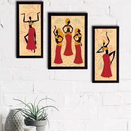 eCraftIndia Set of 3 Yellow & Red Tribal Theme Satin Matt Textured UV Wall Art image 1