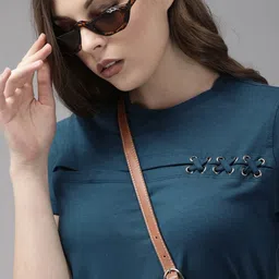 Roadster Women Teal Blue Solid Round Neck Pure Cotton T-shirt with Lace Detailing-picture-33