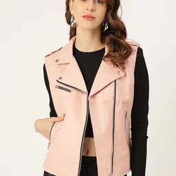 Leather Retail Women Pink Solid Asymmetric Closure Leather Biker Jacket-picture-2