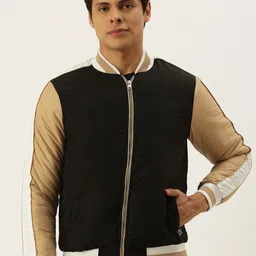 Campus Sutra Men Black & Brown Colourblocked Windcheater Outdoor Bomber Jacket-image-55