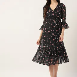 Deewa Black Floral Georgette A-Line Midi Dress-image-12