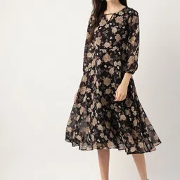 Deewa Black & Peach-Coloured Floral Keyhole Neck Georgette A-Line Midi Dress-image-43