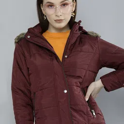 Tokyo Talkies Women Burgundy Detachable Hood Parka Jacket with Faux Fur Trim-picture-29