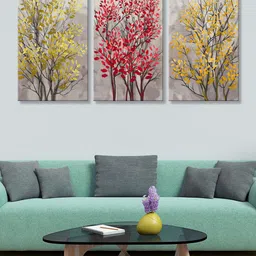999Store Set of 3 Red & Yellow Textured Trees Canvas Painting Wall Art-picture-25