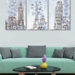 999Store Set Of 3 Grey & Blue Pisa, United Kingdom, Eiffel Tower Art Canvas Painting-picture-34