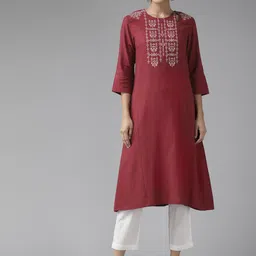 W Women Magenta & Off White Ethnic Motifs Yoke Design Keyhole Neck A-Line Kurta-picture-28