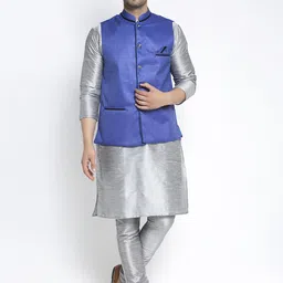 Benstoke Men Silver-Toned Solid Kurta with Churidar-picture-12