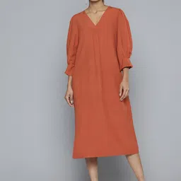 SCOUP Solid Puff Sleeve Linen A-Line Midi Dress-picture-10
