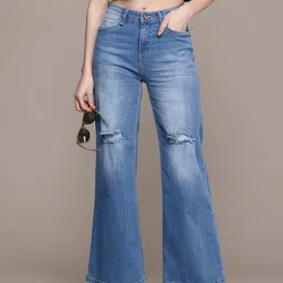 The Roadster Life Co. Women Wide Leg Mildly Distressed Heavy Fade Stretchable Jeans-picture-36