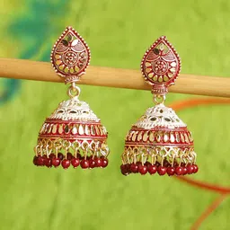 ANIKAS CREATION Maroon & Gold-Toned Dome Shaped Traditional Enamelled Jhumkas-picture-37