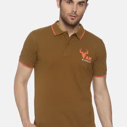 YAK YAK Men Brown Solid Slim-Fit Polo Collar Pure Cotton T-shirt image 1