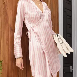 DressBerry Satin Glow-Up Striped Wrap Mini Dress-picture-19