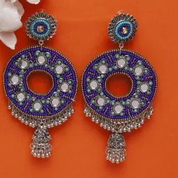 Moedbuille Brass-Plated Silver-Toned & Blue Circular Drop Earrings-picture-12