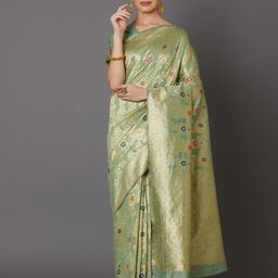 Mitera Olive Green & Gold-Coloured Silk Blend Woven Design Kanjeevaram Saree-picture-16