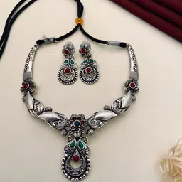 Sangria Silver-Plated Stone Studded Jewellery Set-picture-11