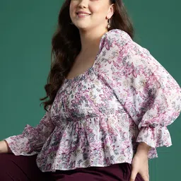 DressBerry Curve Plus Size Floral Print Bell Sleeves Georgette Peplum Top-picture-23