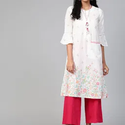 Biba Women White & Mustard Yellow Floral Printed A-Line Kurta With Neck Piece-picture-41