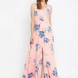 Berrylush Women Pink & Blue Floral Print Maxi Dress-image-3