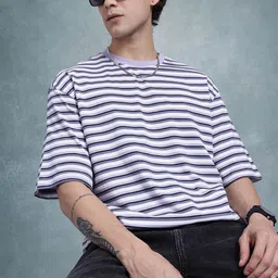 The Roadster Life Co. Horizontally Striped Drop-Shoulder Sleeves Relaxed Fit T-shirt-picture-35