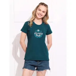 Quira Women Printed Regular Fit Teal T-Shirt image 1