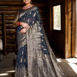 anouk rustic Anouk Blue & Gold-Toned Ethnic Motifs Zari Art Silk Saree-picture-18