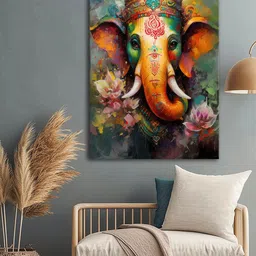 999Store Orange & Green Ganesha Religious Canvas Wall Art-picture-11