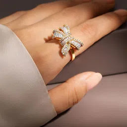 Rubans 18K Gold Plated Baguette Cut Cubic Zirconia Bow Design Adjustable Statement Ring-image-75