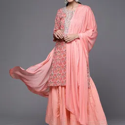 Varanga Women Pink & Grey Floral Print Gotta Patti Cotton Kurta with Sharara & Dupatta-picture-32
