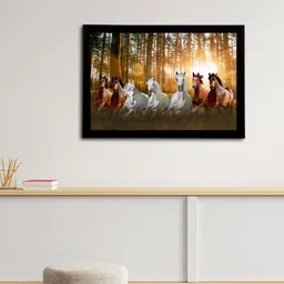 eCraftIndia White & Brown 7 Lucky Running Horses Satin Matt Textured UV Art Painting image 2