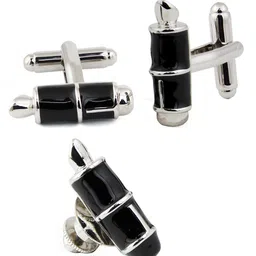 House of Pataudi Men Rhodium-Plated Cufflinks & Lapel Pin image 2