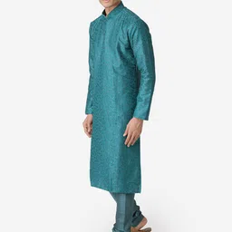here&now x sanwara Sanwara Men Teal Green Embroidered Straight Kurta image 2