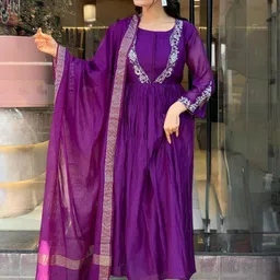 KALINI Women Solid Anarkali Kurta with Trousers & Dupatta image 2