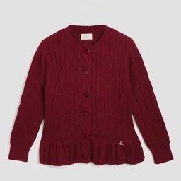 Cherry Crumble Girls Maroon Cable Knit Cardigan-picture-23