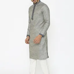 Manyavar Men Blue & Off-White Self Design Kurta with Pyjamas image 5
