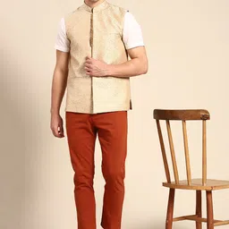 Anouk Men Beige Nehru Jacket with Pocket Square image 2