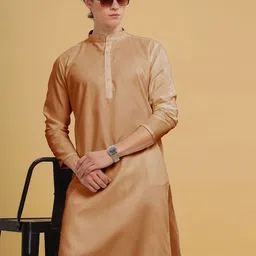 Anouk Beige Band Collar Cotton A-Line Kurta image 2