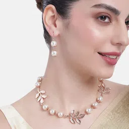 Estele Rose Gold-Plated Leaf Shaped Beaded Jewellery Set-image-3